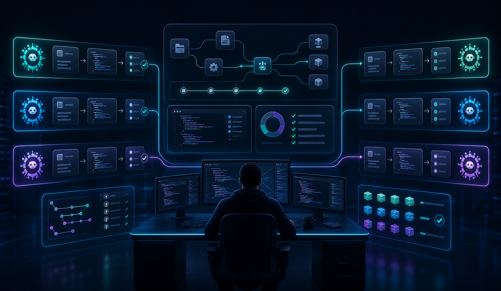 KI-Coding-Workflow mit mehreren Agenten, Codefenstern und Prüfstationen