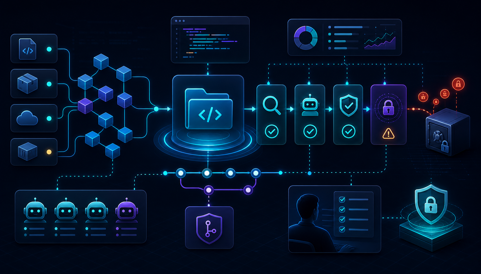 Repository-Schaubild mit Issues, Pull Requests, Checks, Secrets und Supply-Chain-Kontrollen